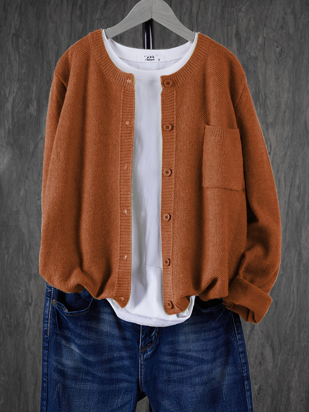 Wren relaxed button-front cardigan in yellowish brown, front view on hanger