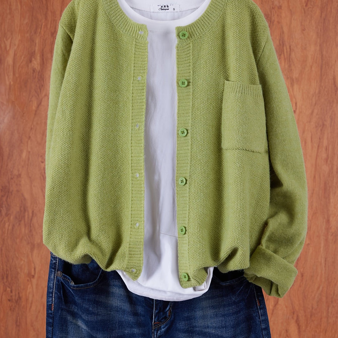 Wren relaxed button-front cardigan in greenish yellow, close-up front view