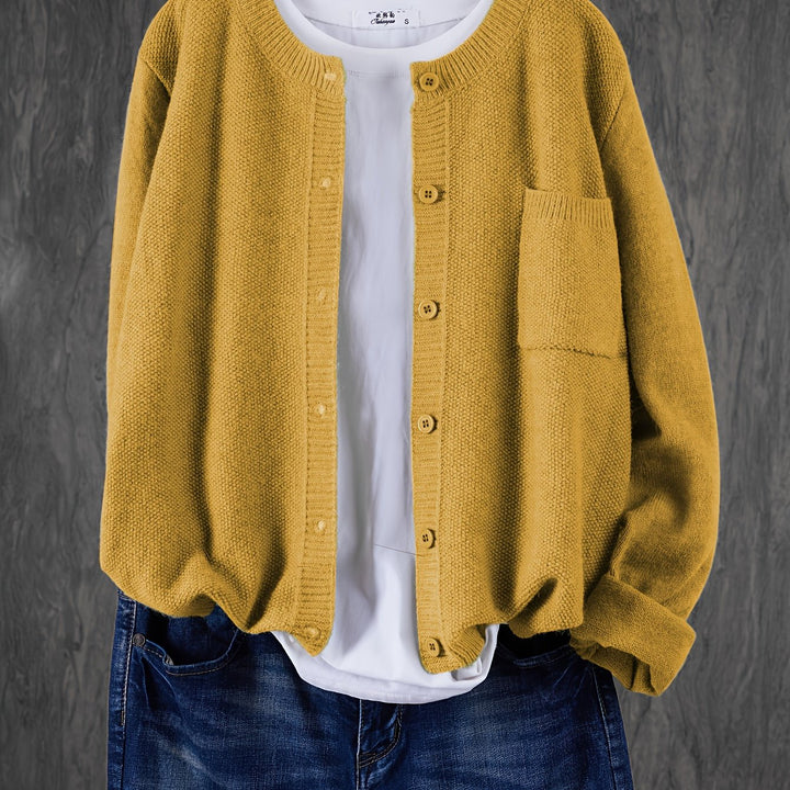 Wren relaxed button-front cardigan in apricot, close-up front view