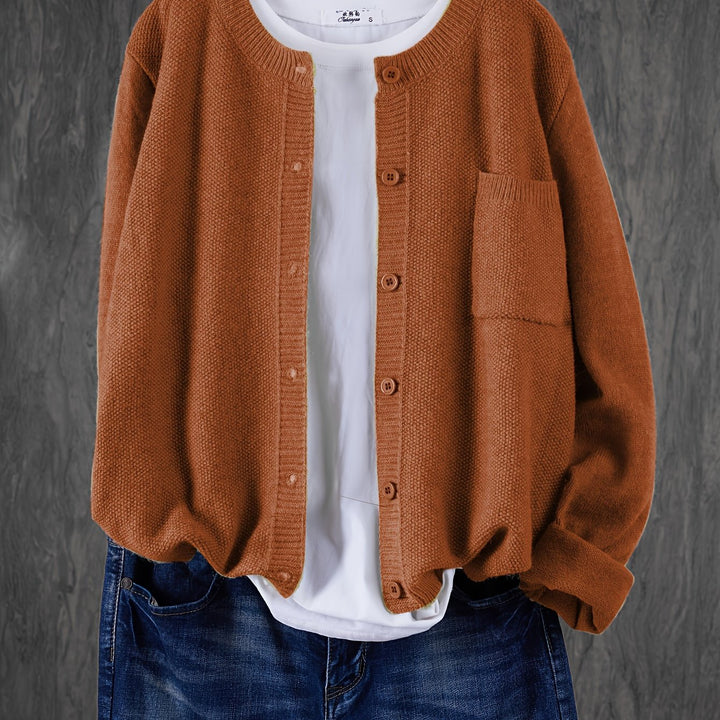 Wren relaxed button-front cardigan in yellowish brown, close-up front view