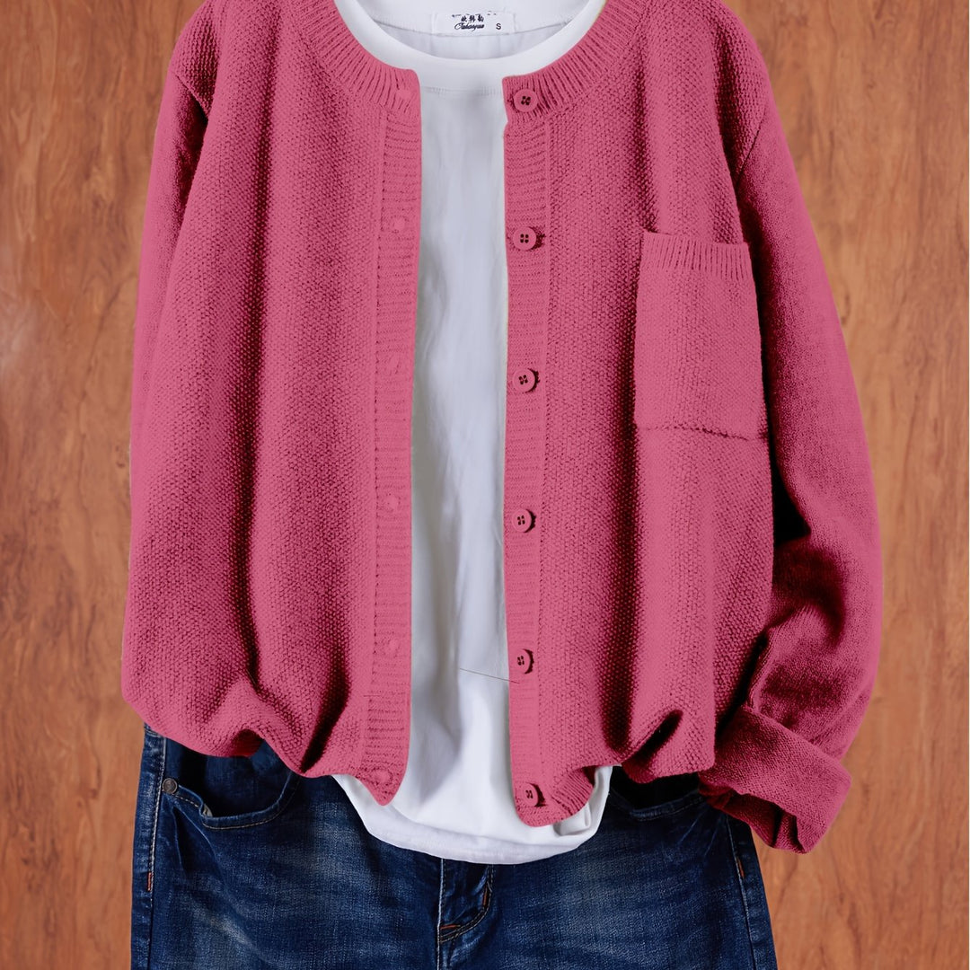 Wren relaxed button-front cardigan in dark pink, close-up front view