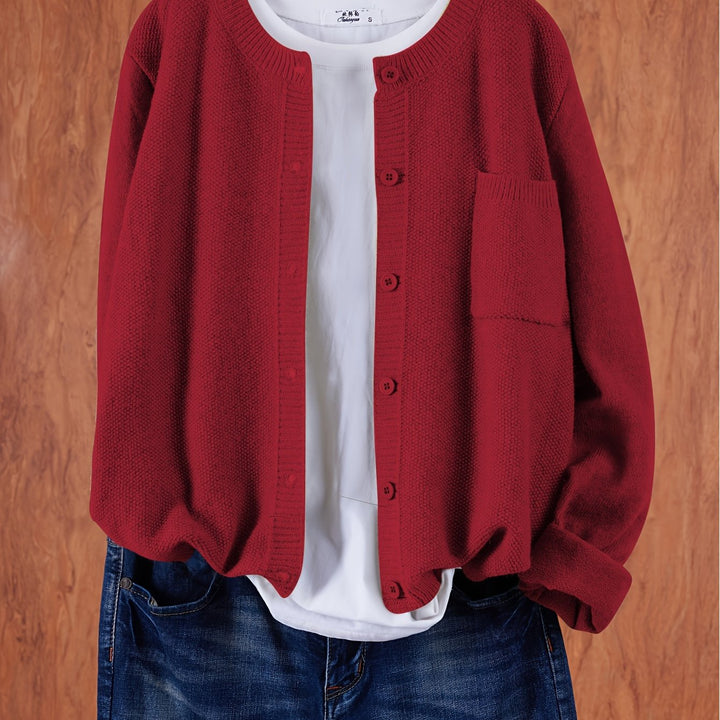 Wren relaxed button-front cardigan in red, close-up front view