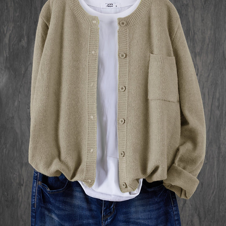 Wren relaxed button-front cardigan in light brown, close-up front view