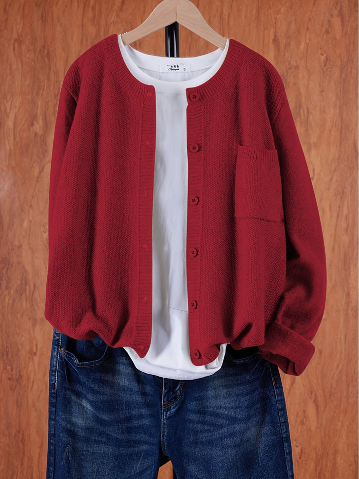 Wren relaxed button-front cardigan in red, front view on hanger