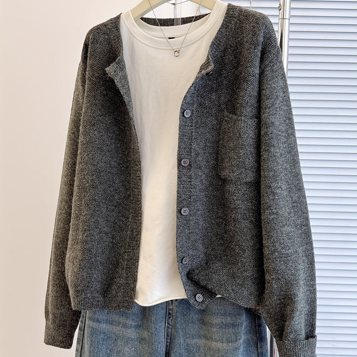 Wren relaxed button-front cardigan in grey, close-up front view