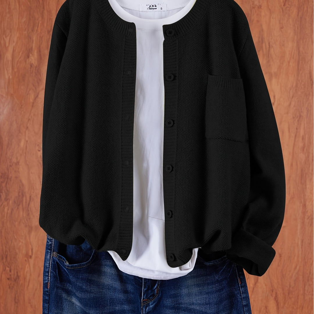 Wren relaxed button-front cardigan in black, close-up front view
