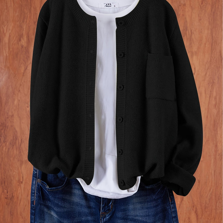 Wren relaxed button-front cardigan in black, close-up front view